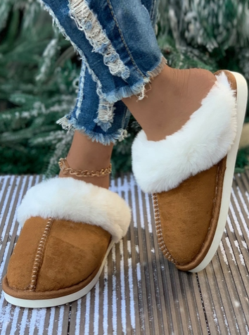 Faux Suede Plush Lined Slippers (camel) - On Mays Street