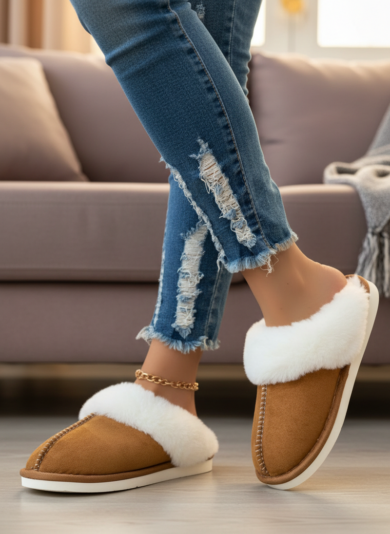 Faux Suede Plush Lined Slippers (camel) - On Mays Street