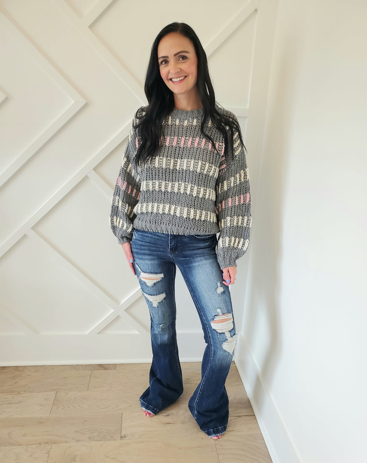 Puffy sleeve chunky knit sweater (Grey/Multi)