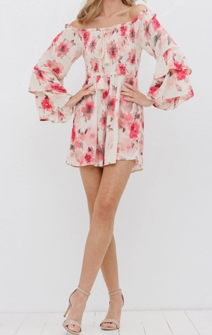 Floral Off Shoulder Bell Tie Romper (Natural)