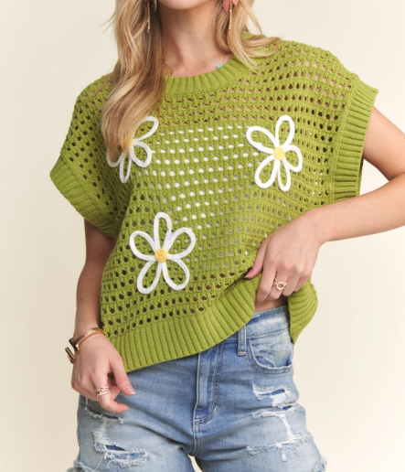 Drop Shoulder Floral Crochet Top (Green)