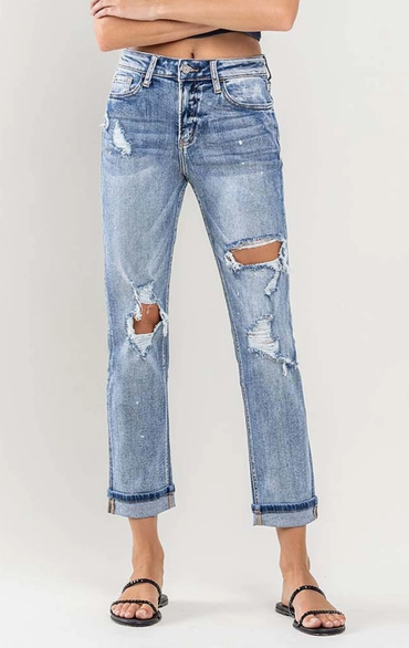 High Rise Cuffed Distressed Paint Boyfriend Jeans