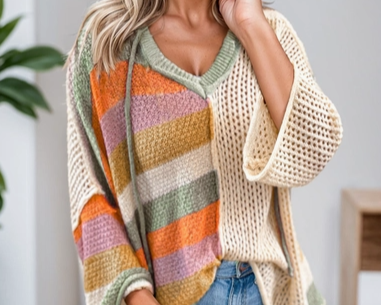 Hooded Colorblock V Neck Oversized Sweater