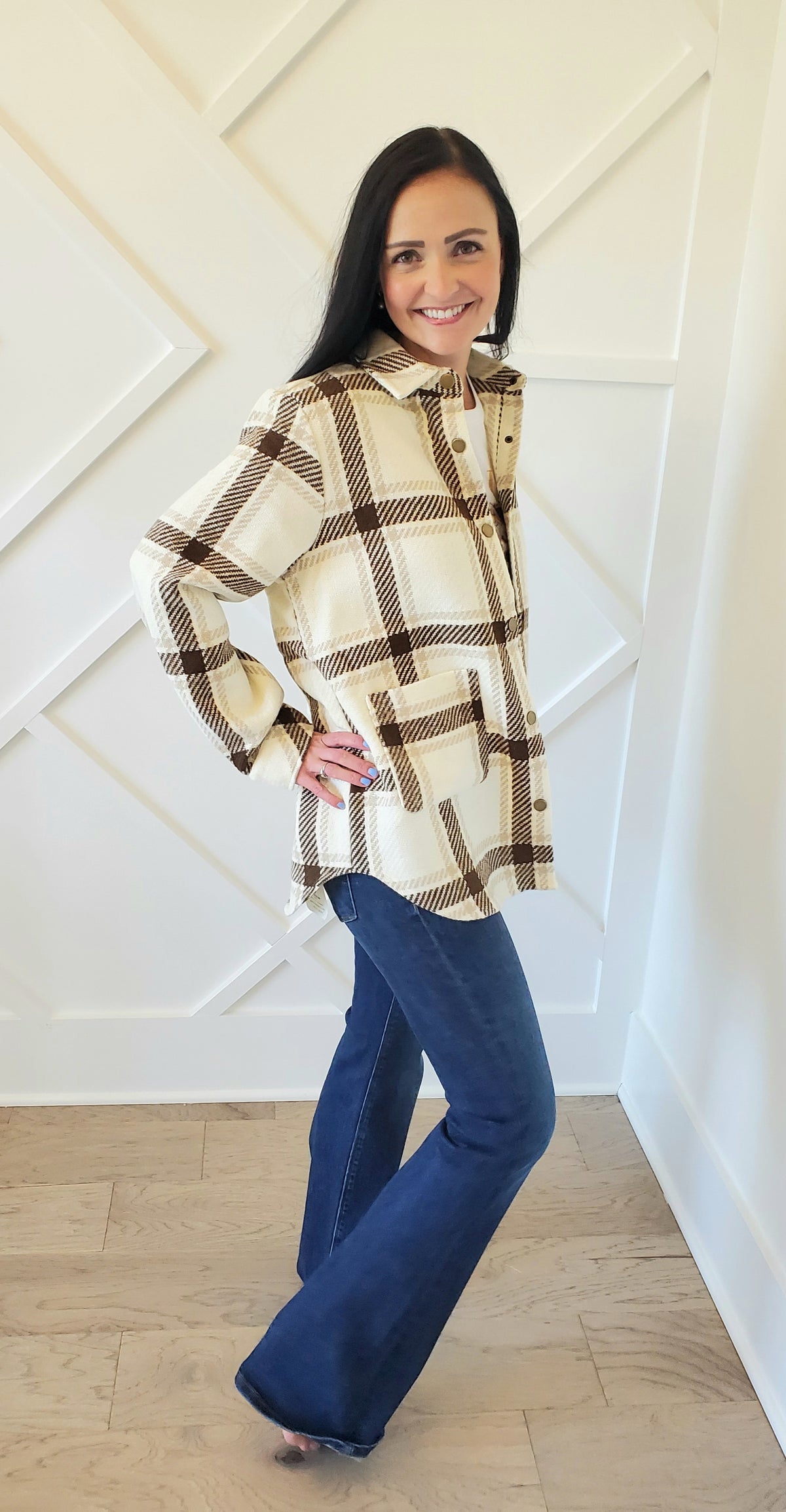 Plaid Long Shacket with Snaps (Beige Brown)