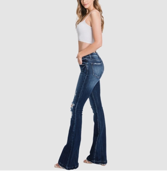 Destroyed Mid Rise Stretch Flare with Trouser Hem