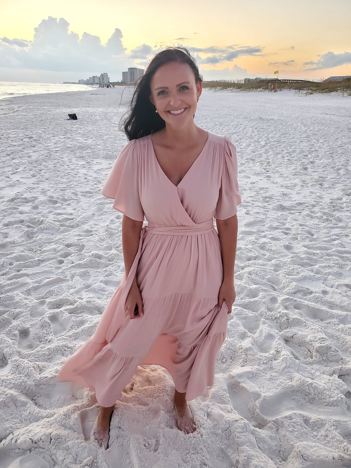 Rose Pink Tiered Maxi Dress - Flowy Wrap Fall Transition Dress Small Rose Pink Tiered Maxi Dress - Flowy Wrap Fall Transition Dress Small