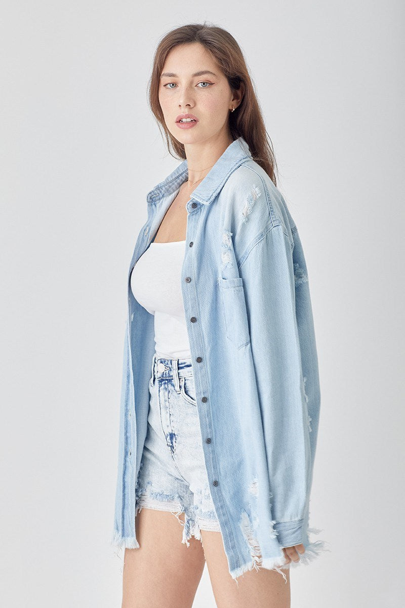 Distressed Relaxed Fit Denim Shirt