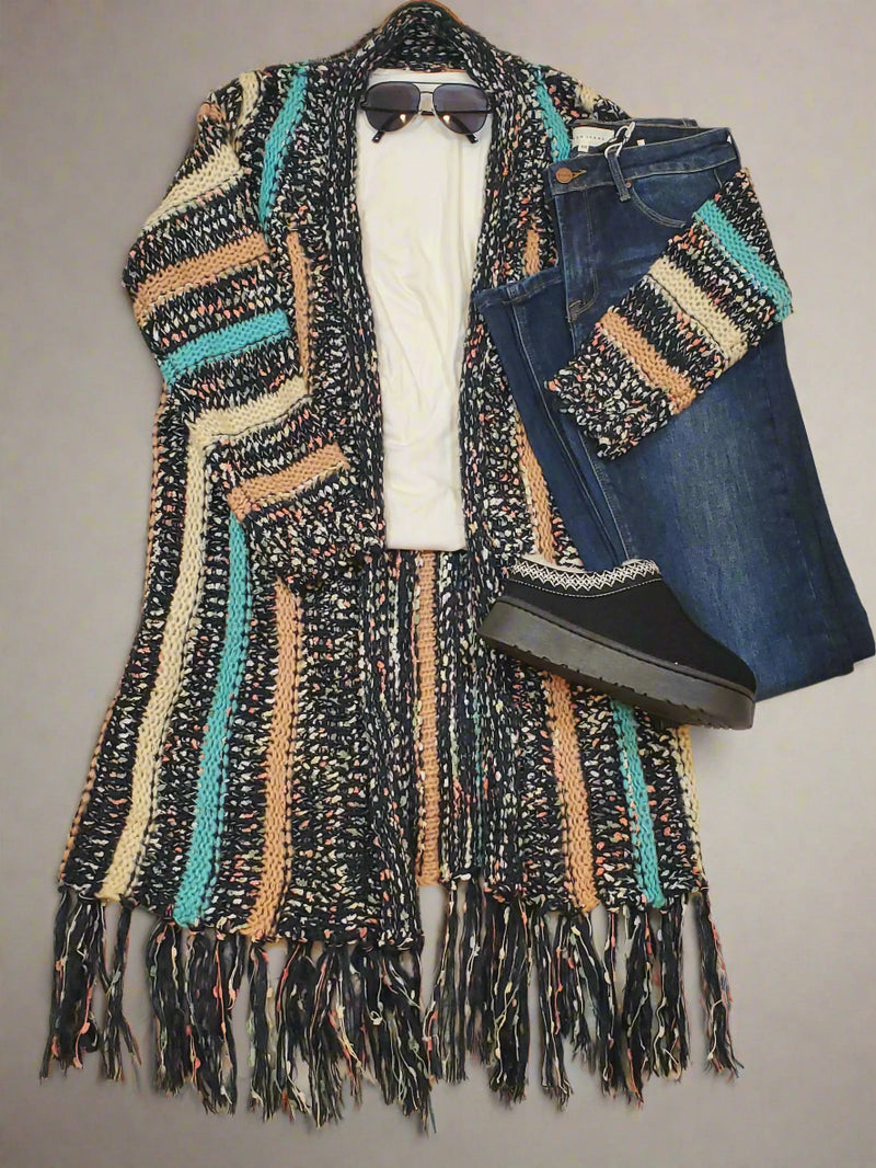 Fringe Hem Multi Stripe Cardigan (Navy) - On Mays Street