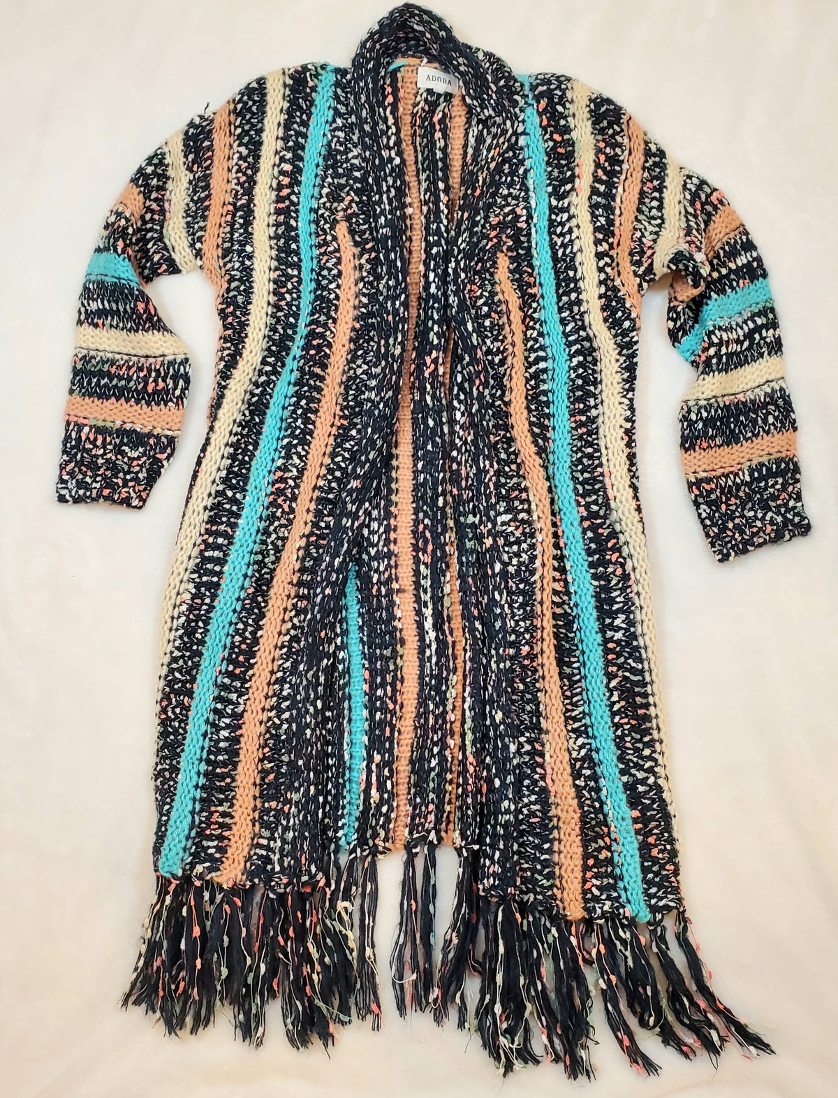 Fringe Hem Multi Stripe Cardigan (Navy) - On Mays Street