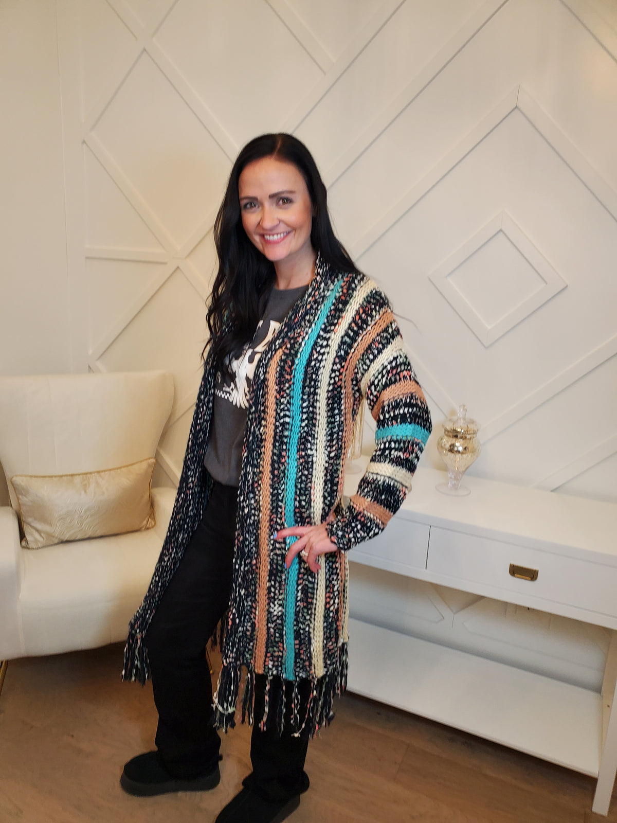 Fringe Hem Multi Stripe Cardigan (Navy) - On Mays Street