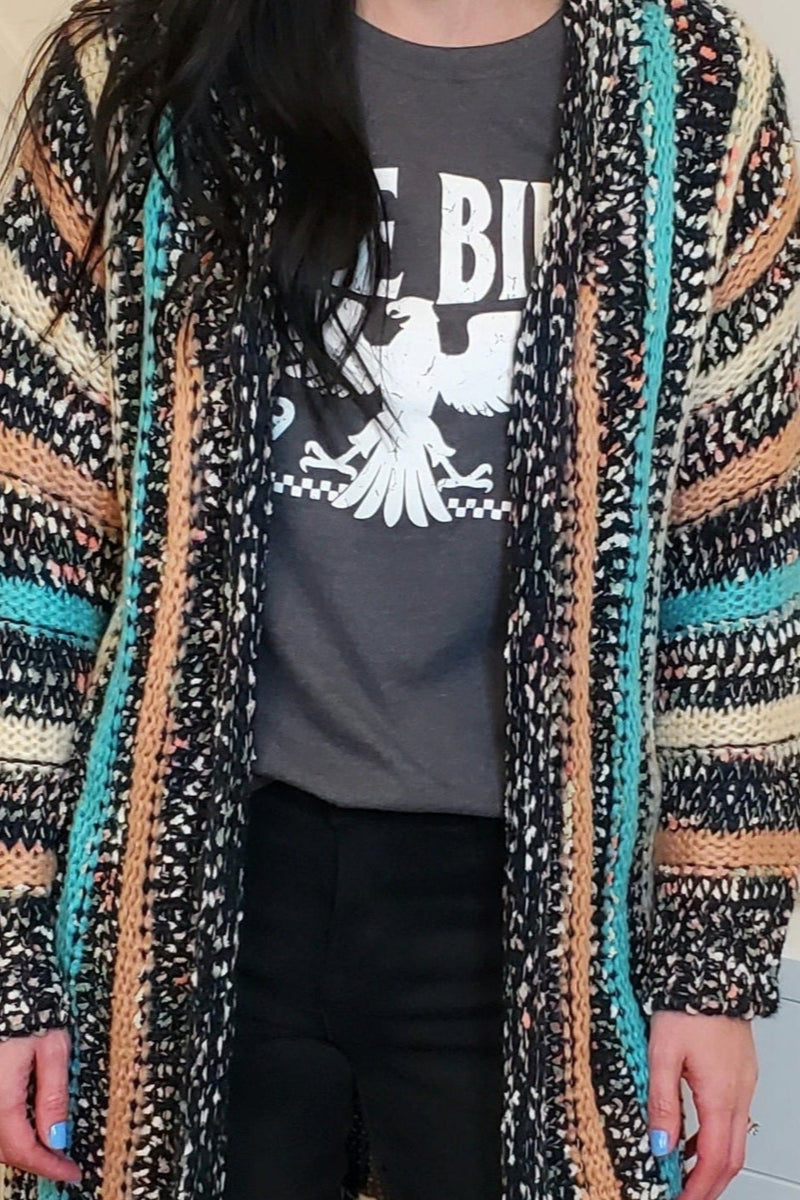 Fringe Hem Multi Stripe Cardigan (Navy) - On Mays Street