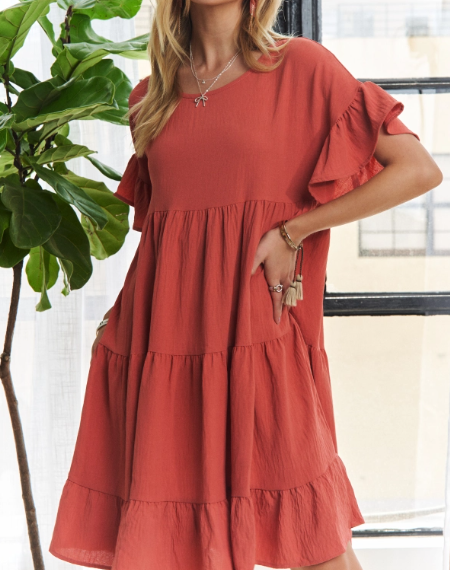 Ruffle Babydoll Dress (Terra Cotta) - On Mays Street