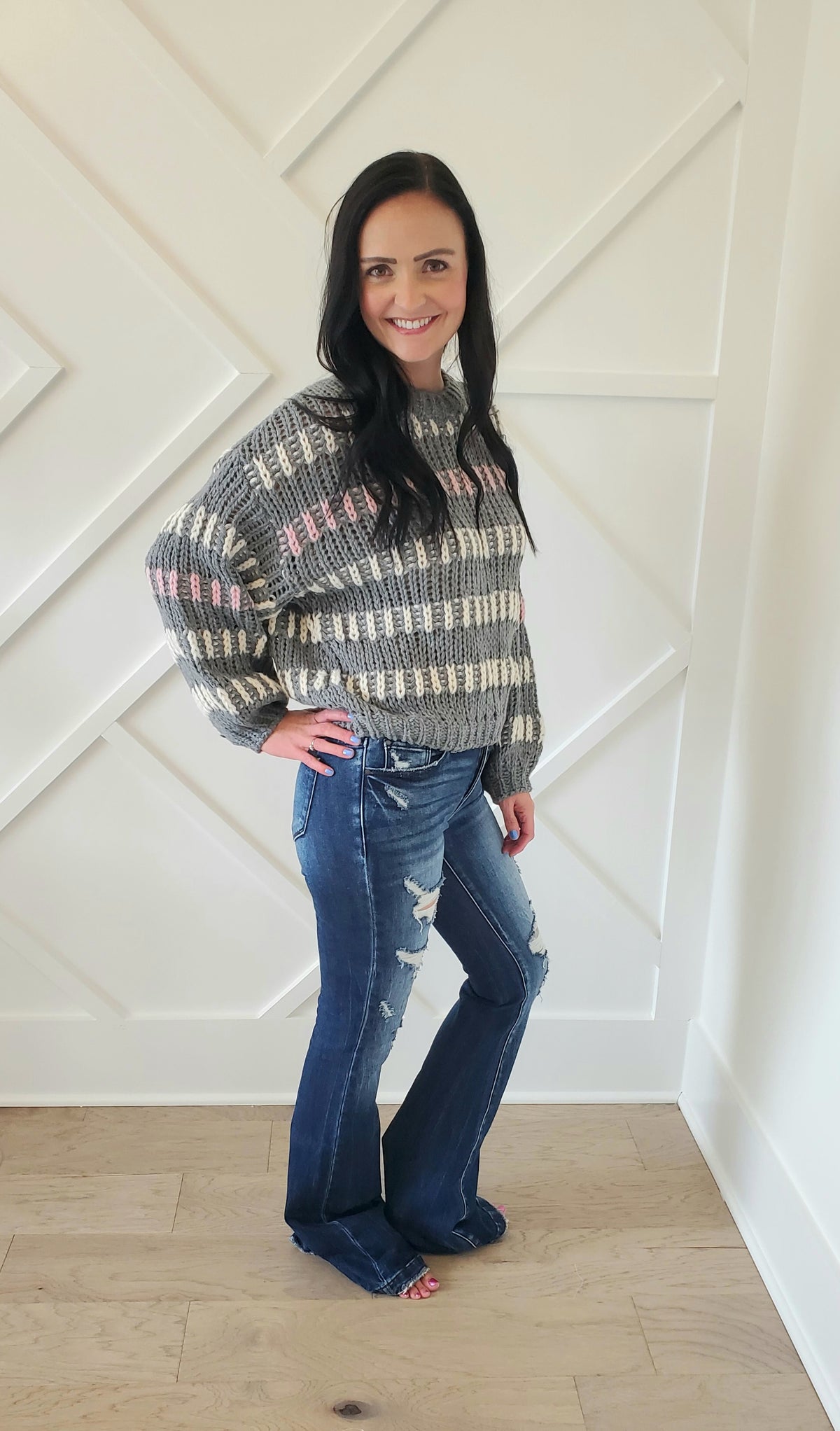 Puffy sleeve chunky knit sweater (Grey/Multi) - On Mays Street