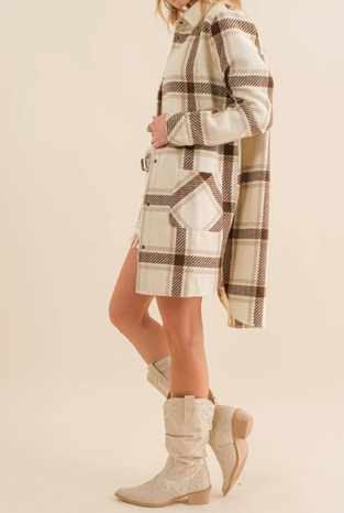 Plaid Long Shacket with Snaps (Beige Brown) - On Mays Street