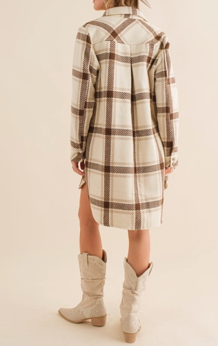 Plaid Long Shacket with Snaps (Beige Brown) - On Mays Street
