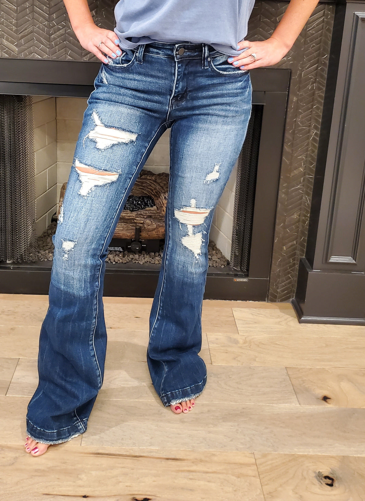 Destroyed Mid Rise Stretch Flare with Trouser Hem - On Mays Street