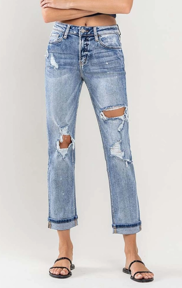 High Rise Cuffed Distressed Paint Boyfriend Jeans - On Mays Street