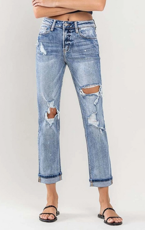 High Rise Cuffed Distressed Paint Boyfriend Jeans - On Mays Street