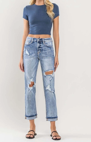High Rise Cuffed Distressed Paint Boyfriend Jeans - On Mays Street