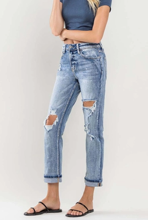 High Rise Cuffed Distressed Paint Boyfriend Jeans - On Mays Street