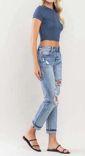 High Rise Cuffed Distressed Paint Boyfriend Jeans - On Mays Street