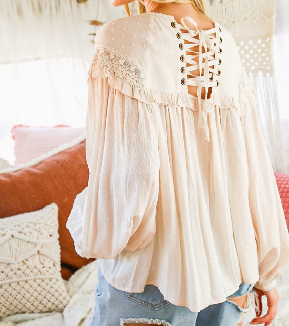 Lace-Up Back Detail Swiss Dot Patterned Blouse - On Mays Street