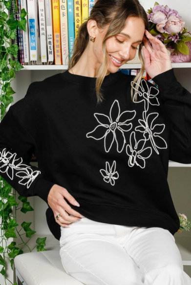 Flower Embroidered Sweatshirt (Black) - On Mays Street