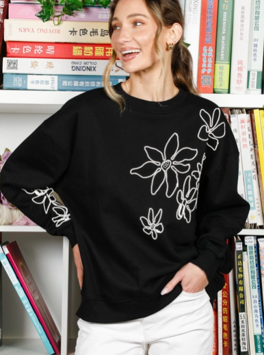 Flower Embroidered Sweatshirt (Black) - On Mays Street