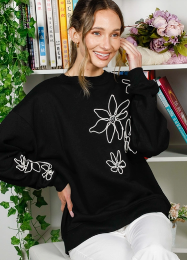 Flower Embroidered Sweatshirt (Black) - On Mays Street